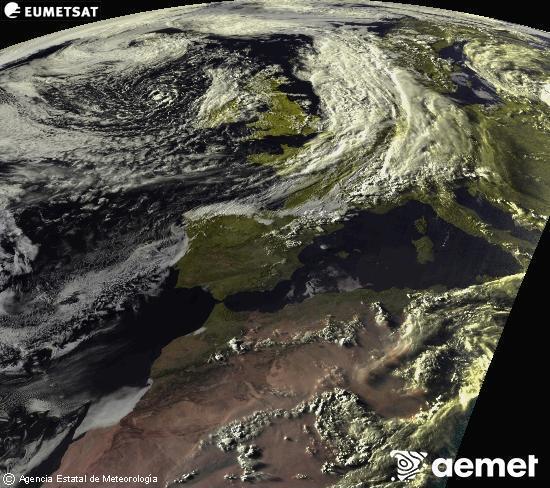 Esta imagen se genera utilizando informaci�n de los canales visibles del sat�lite METEOSAT perteneciente a la segunda generaci�n de sat�lites Meteosat (MSG). Por ese motivo, s�lo hay informaci�n en la zona iluminada por el sol. Adem�s, los canales han sido normalizados para que el brillo no dependa de la posici�n del sol.&nbsp;lunes, 08 junio 2026 a las 20:00