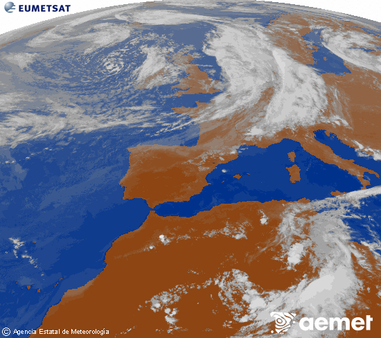Imatge de la zona d'Europa i Nord d'�frica del canal infraroig del sat�l�lit Meteosat operacional en 0�N 0�W, processada per a donar-li color.&nbsp;dilluns, 8 de juny  2026 20:00