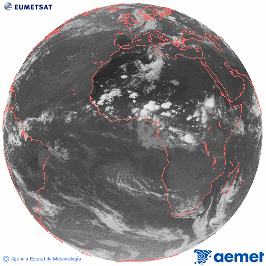 Imagen global del canal infrarrojo (10.8 &mu;m) del sat�lite Meteosat, perteneciente a la serie MSG (Meteosat Segunda Generaci�n) y situado en 0�N 0�E.&nbsp;Monday, 8 June  2026 20:00