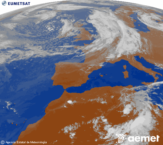 Imatge de la zona d'Europa i Nord d'�frica del canal infraroig del sat�l�lit Meteosat operacional en 0�N 0�W, processada per a donar-li color.&nbsp;dilluns, 8 de juny  2026 21:00