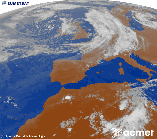 Imatge de la zona d'Europa i Nord d'�frica del canal infraroig del sat�l�lit Meteosat operacional en 0�N 0�W, processada per a donar-li color.&nbsp;dilluns, 8 de juny  2026 22:00