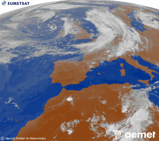 Imatge de la zona d'Europa i Nord d'�frica del canal infraroig del sat�l�lit Meteosat operacional en 0�N 0�W, processada per a donar-li color.&nbsp;dilluns, 8 de juny  2026 23:00