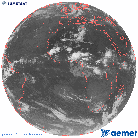 Imagen global del canal infrarrojo (10.8 &mu;m) del sat�lite Meteosat, perteneciente a la serie MSG (Meteosat Segunda Generaci�n) y situado en 0�N 0�E.&nbsp;Monday, 8 June  2026 23:00