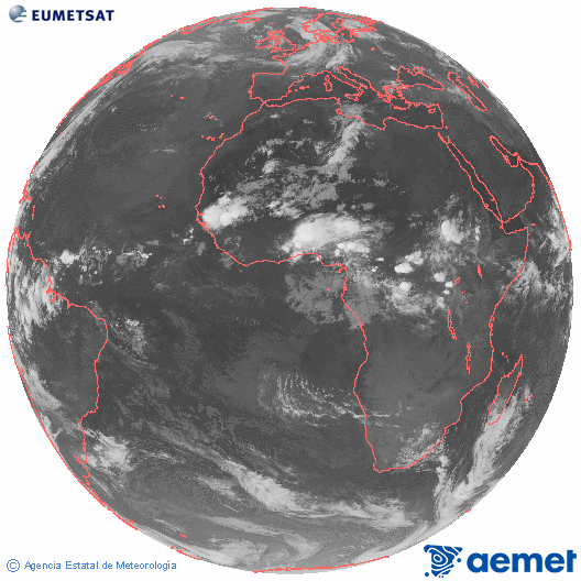 Imagen global del canal infrarrojo (10.8 &mu;m) del sat�lite Meteosat, perteneciente a la serie MSG (Meteosat Segunda Generaci�n) y situado en 0�N 0�E.&nbsp;Tuesday, 9 June  2026 02:00