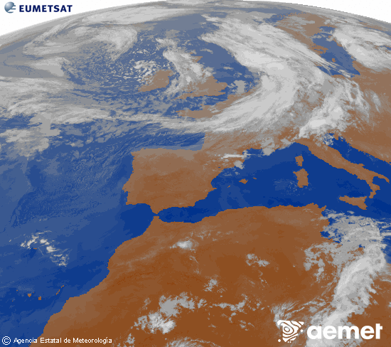 Imatge de la zona d'Europa i Nord d'�frica del canal infraroig del sat�l�lit Meteosat operacional en 0�N 0�W, processada per a donar-li color.&nbsp;dimarts, 9 de juny  2026 03:00