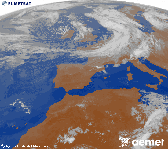 Imatge de la zona d'Europa i Nord d'�frica del canal infraroig del sat�l�lit Meteosat operacional en 0�N 0�W, processada per a donar-li color.&nbsp;dimarts, 9 de juny  2026 04:00