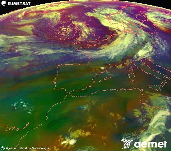 Composici�n RGB en la que se mezclan varios canales del sat�lite Meteosat operacional en 0�N 0�W, que nos da una idea de las caracter�sticas de las masas de aire y de la nubosidad.&nbsp;martes, 09 junio 2026 a las 05:00