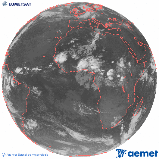 Imagen global del canal infrarrojo (10.8 &mu;m) del sat�lite Meteosat, perteneciente a la serie MSG (Meteosat Segunda Generaci�n) y situado en 0�N 0�E.&nbsp;mardi, 9 juin  2026 05:00