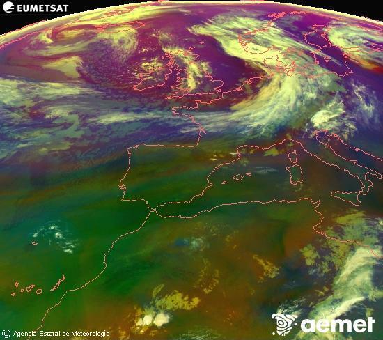 Composici�n RGB en la que se mezclan varios canales del sat�lite Meteosat operacional en 0�N 0�W, que nos da una idea de las caracter�sticas de las masas de aire y de la nubosidad.&nbsp;martes, 09 junio 2026 a las 06:00