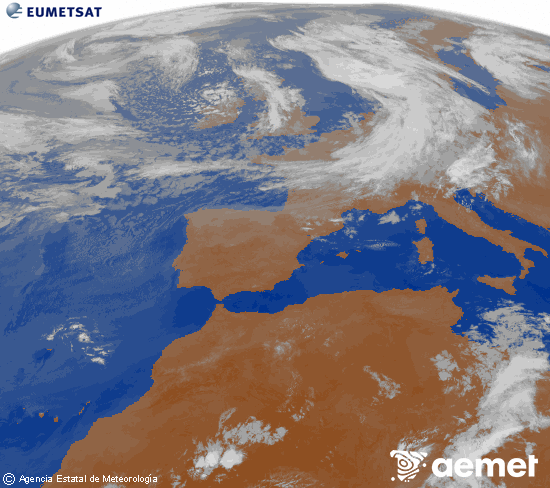 Imatge de la zona d'Europa i Nord d'�frica del canal infraroig del sat�l�lit Meteosat operacional en 0�N 0�W, processada per a donar-li color.&nbsp;dimarts, 9 de juny  2026 06:00