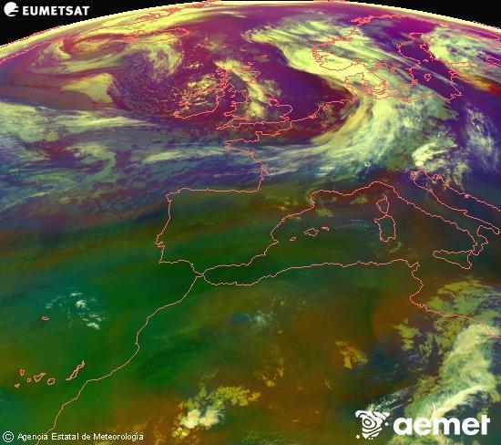 Composici� RGB en la qual es barregen diversos canals del sat�l�lit Meteosat operacional en 0�N 0�W, que ens d�na una idea de les caracter�stiques de les masses d'aire i de la nuvolositat.&nbsp;dimarts, 9 de juny  2026 07:00