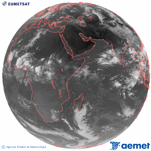 Oc�ano �ndico. Imagen global del canal infrarrojo (10.8&mu;m) de Meteosat, perteneciente a la serie MSG (Meteosat Segunda Generaci�n) y situado en 41.5° E.&nbsp;dimarts, 9 de juny  2026 08:00