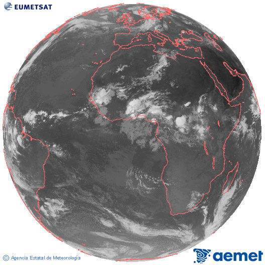 Imagen global del canal infrarrojo (10.8 &mu;m) del sat�lite Meteosat, perteneciente a la serie MSG (Meteosat Segunda Generaci�n) y situado en 0�N 0�E.&nbsp;mardi, 9 juin  2026 08:00