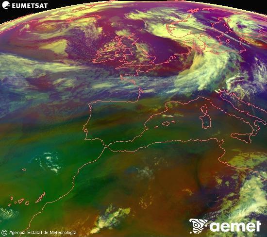 RGB composition where several channels of satellite Meteosat operational in 0� N 0� W are mixed, providing air mass and cloudiness features.&nbsp;Tuesday, 9 June  2026 09:00