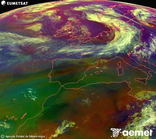 Composici� RGB en la qual es barregen diversos canals del sat�l�lit Meteosat operacional en 0�N 0�W, que ens d�na una idea de les caracter�stiques de les masses d'aire i de la nuvolositat.&nbsp;dimarts, 9 de juny  2026 10:00