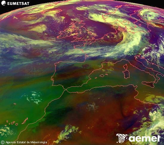 Composici� RGB en la qual es barregen diversos canals del sat�l�lit Meteosat operacional en 0�N 0�W, que ens d�na una idea de les caracter�stiques de les masses d'aire i de la nuvolositat.&nbsp;dimarts, 9 de juny  2026 11:00