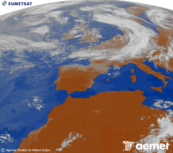 Imagen de la zona de Europa y Norte de �frica del canal infrarrojo del sat�lite Meteosat operacional en 0�N 0�W, procesada para darle color.&nbsp;mardi, 9 juin  2026 11:00