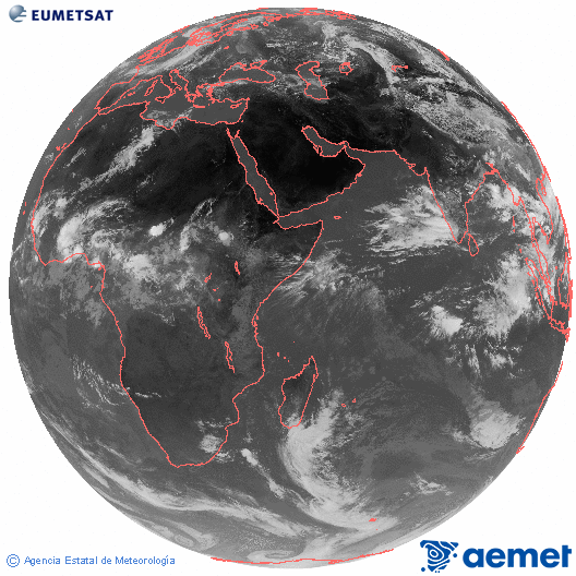 Oc�ano �ndico. Imagen global del canal infrarrojo (10.8&mu;m) de Meteosat, perteneciente a la serie MSG (Meteosat Segunda Generaci�n) y situado en 41.5° E.&nbsp;dimarts, 9 de juny  2026 11:00