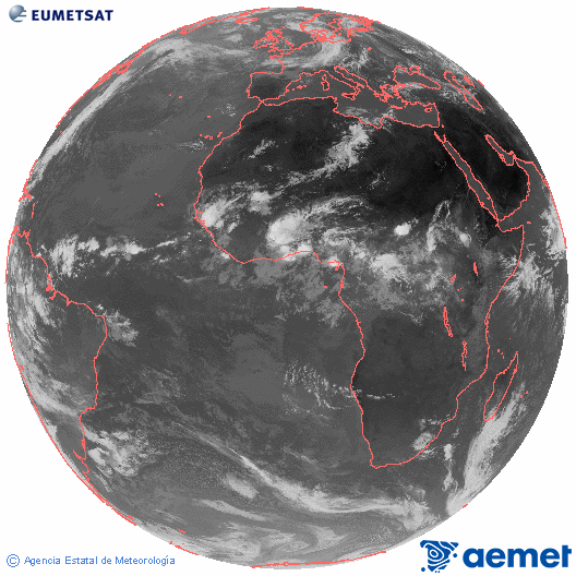Imagen global del canal infrarrojo (10.8 &mu;m) del sat�lite Meteosat, perteneciente a la serie MSG (Meteosat Segunda Generaci�n) y situado en 0�N 0�E.&nbsp;mardi, 9 juin  2026 11:00