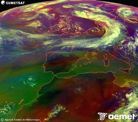 Composici� RGB en la qual es barregen diversos canals del sat�l�lit Meteosat operacional en 0�N 0�W, que ens d�na una idea de les caracter�stiques de les masses d'aire i de la nuvolositat.&nbsp;dimarts, 9 de juny  2026 12:00