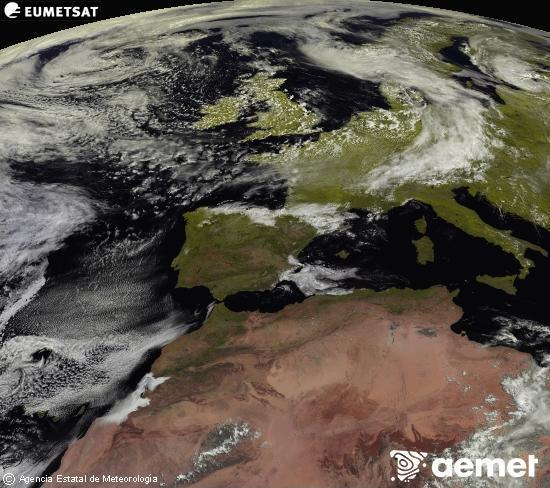 Esta imagen se genera utilizando informaci�n de los canales visibles del sat�lite METEOSAT perteneciente a la segunda generaci�n de sat�lites Meteosat (MSG). Por ese motivo, s�lo hay informaci�n en la zona iluminada por el sol. Adem�s, los canales han sido normalizados para que el brillo no dependa de la posici�n del sol.&nbsp;Tuesday, 9 June  2026 12:00