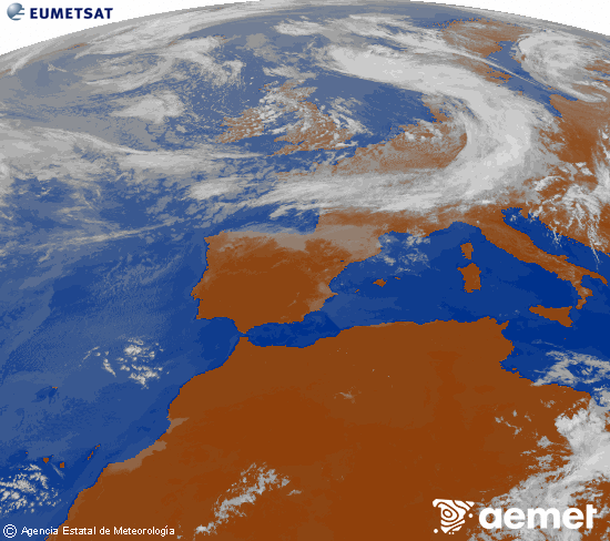 Imagen de la zona de Europa y Norte de �frica del canal infrarrojo del sat�lite Meteosat operacional en 0�N 0�W, procesada para darle color.&nbsp;mardi, 9 juin  2026 12:00