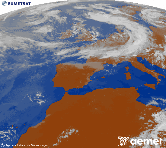 Imagen de la zona de Europa y Norte de �frica del canal infrarrojo del sat�lite Meteosat operacional en 0�N 0�W, procesada para darle color.&nbsp;mardi, 9 juin  2026 13:00