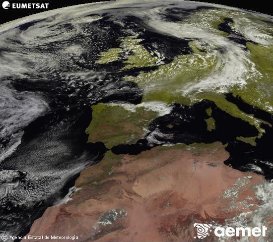 Esta imagen se genera utilizando informaci�n de los canales visibles del sat�lite METEOSAT perteneciente a la segunda generaci�n de sat�lites Meteosat (MSG). Por ese motivo, s�lo hay informaci�n en la zona iluminada por el sol. Adem�s, los canales han sido normalizados para que el brillo no dependa de la posici�n del sol.&nbsp;Tuesday, 9 June  2026 14:00