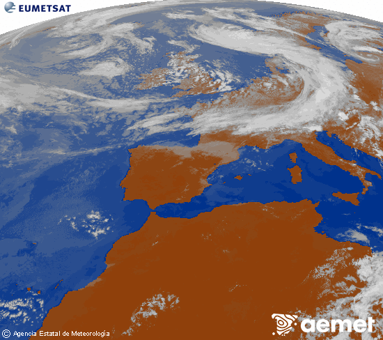 Imagen de la zona de Europa y Norte de �frica del canal infrarrojo del sat�lite Meteosat operacional en 0�N 0�W, procesada para darle color.&nbsp;mardi, 9 juin  2026 14:00