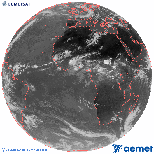 Imagen global del canal infrarrojo (10.8 &mu;m) del sat�lite Meteosat, perteneciente a la serie MSG (Meteosat Segunda Generaci�n) y situado en 0�N 0�E.&nbsp;mardi, 9 juin  2026 14:00