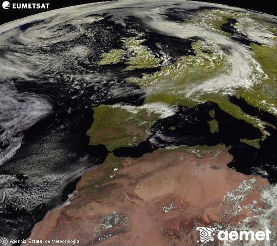 Esta imagen se genera utilizando informaci�n de los canales visibles del sat�lite METEOSAT perteneciente a la segunda generaci�n de sat�lites Meteosat (MSG). Por ese motivo, s�lo hay informaci�n en la zona iluminada por el sol. Adem�s, los canales han sido normalizados para que el brillo no dependa de la posici�n del sol.&nbsp;asteartea, 2026ko ekainak 09, ordua: 15:00