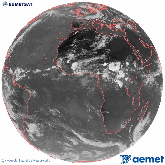 Imagen global del canal infrarrojo (10.8 &mu;m) del sat�lite Meteosat, perteneciente a la serie MSG (Meteosat Segunda Generaci�n) y situado en 0�N 0�E.&nbsp;dimarts, 9 de juny  2026 17:00