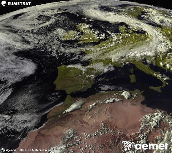 Esta imagen se genera utilizando informaci�n de los canales visibles del sat�lite METEOSAT perteneciente a la segunda generaci�n de sat�lites Meteosat (MSG). Por ese motivo, s�lo hay informaci�n en la zona iluminada por el sol. Adem�s, los canales han sido normalizados para que el brillo no dependa de la posici�n del sol.&nbsp;asteartea, 2026ko ekainak 09, ordua: 19:00