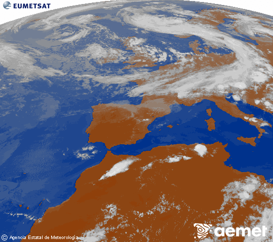 Imagen de la zona de Europa y Norte de �frica del canal infrarrojo del sat�lite Meteosat operacional en 0�N 0�W, procesada para darle color.&nbsp;asteartea, 2026ko ekainak 09, ordua: 19:00