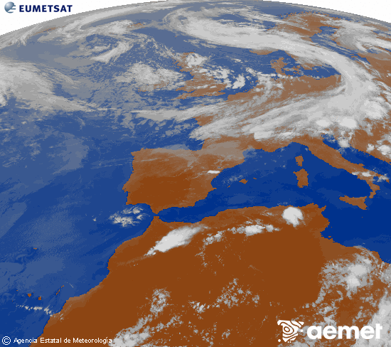Imagen de la zona de Europa y Norte de �frica del canal infrarrojo del sat�lite Meteosat operacional en 0�N 0�W, procesada para darle color.&nbsp;asteartea, 2026ko ekainak 09, ordua: 20:00