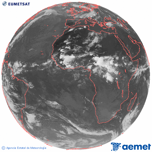 Imagen global del canal infrarrojo (10.8 &mu;m) del sat�lite Meteosat, perteneciente a la serie MSG (Meteosat Segunda Generaci�n) y situado en 0�N 0�E.&nbsp;mardi, 9 juin  2026 20:00