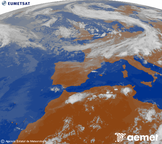 Imagen de la zona de Europa y Norte de �frica del canal infrarrojo del sat�lite Meteosat operacional en 0�N 0�W, procesada para darle color.&nbsp;asteartea, 2026ko ekainak 09, ordua: 22:00