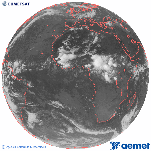 Imagen global del canal infrarrojo (10.8 &mu;m) del sat�lite Meteosat, perteneciente a la serie MSG (Meteosat Segunda Generaci�n) y situado en 0�N 0�E.&nbsp;dimarts, 9 de juny  2026 23:00