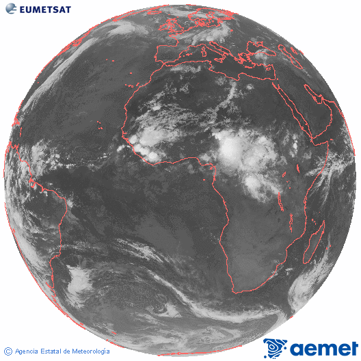 Imagen global del canal infrarrojo (10.8 &mu;m) del sat�lite Meteosat, perteneciente a la serie MSG (Meteosat Segunda Generaci�n) y situado en 0�N 0�E.&nbsp;dimecres, 10 de juny  2026 02:00
