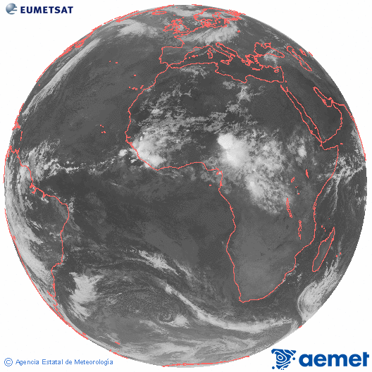Imagen global del canal infrarrojo (10.8 &mu;m) del sat�lite Meteosat, perteneciente a la serie MSG (Meteosat Segunda Generaci�n) y situado en 0�N 0�E.&nbsp;dimecres, 10 de juny  2026 05:00