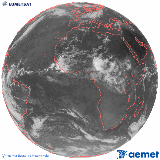 Imagen global del canal infrarrojo (10.8 &mu;m) del sat�lite Meteosat, perteneciente a la serie MSG (Meteosat Segunda Generaci�n) y situado en 0�N 0�E.&nbsp;dimecres, 10 de juny  2026 08:00