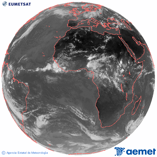 Imagen global del canal infrarrojo (10.8 &mu;m) del sat�lite Meteosat, perteneciente a la serie MSG (Meteosat Segunda Generaci�n) y situado en 0�N 0�E.&nbsp;dimecres, 10 de juny  2026 14:00