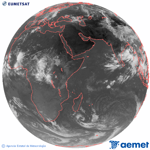 Oce� �ndic. Imatge global del canal infraroig (10.8&mu;m) de Meteosat, que pertany a la s�rie MSG (Meteosat Segona Generaci�) i est� situat a 41.5°E.&nbsp;dijous, 11 de juny  2026 08:00