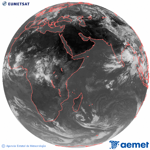 Oce� �ndic. Imatge global del canal infraroig (10.8&mu;m) de Meteosat, que pertany a la s�rie MSG (Meteosat Segona Generaci�) i est� situat a 41.5°E.&nbsp;dijous, 11 de juny  2026 11:00