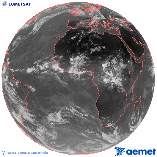 Imatge global del canal infraroig (10.8  &mu;m) del sat�l�lit Meteosat, pertanyent a la s�rie MSG (Meteosat Segona Generaci�) i situat en 0�N 0�E.&nbsp;dijous, 11 de juny  2026 14:00