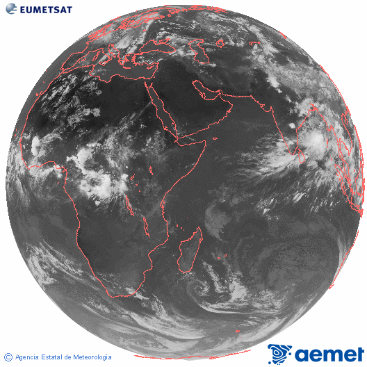 Oce� �ndic. Imatge global del canal infraroig (10.8&mu;m) de Meteosat, que pertany a la s�rie MSG (Meteosat Segona Generaci�) i est� situat a 41.5°E.&nbsp;dijous, 11 de juny  2026 17:00