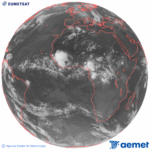 Imagen global del canal infrarrojo (10.8 &mu;m) del sat�lite Meteosat, perteneciente a la serie MSG (Meteosat Segunda Generaci�n) y situado en 0�N 0�E.&nbsp;vendredi, 12 juin  2026 02:00