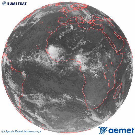 Imagen global del canal infrarrojo (10.8 &mu;m) del sat�lite Meteosat, perteneciente a la serie MSG (Meteosat Segunda Generaci�n) y situado en 0�N 0�E.&nbsp;vendredi, 12 juin  2026 05:00