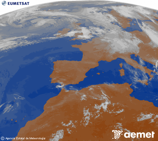 Imagen de la zona de Europa y Norte de �frica del canal infrarrojo del sat�lite Meteosat operacional en 0�N 0�W, procesada para darle color.&nbsp;viernes, 12 junio 2026 a las 08:00