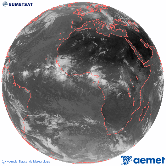 Imagen global del canal infrarrojo (10.8 &mu;m) del sat�lite Meteosat, perteneciente a la serie MSG (Meteosat Segunda Generaci�n) y situado en 0�N 0�E.&nbsp;vendredi, 12 juin  2026 11:00